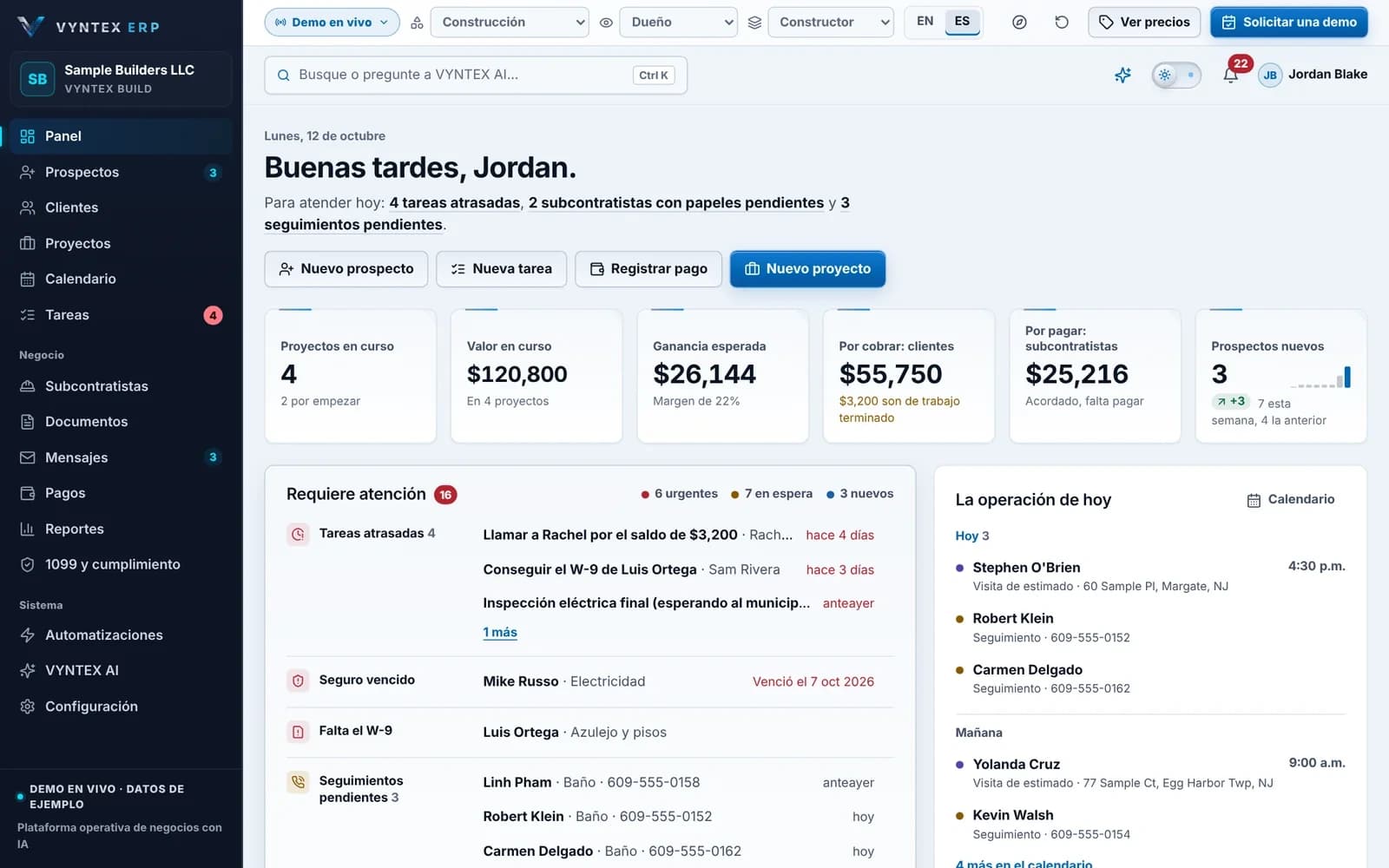 Panel de VYNTEX ERP en el demo en vivo, con una empresa de construcción de ejemplo