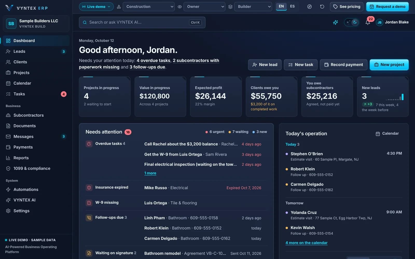 VYNTEX ERP dashboard in dark mode
