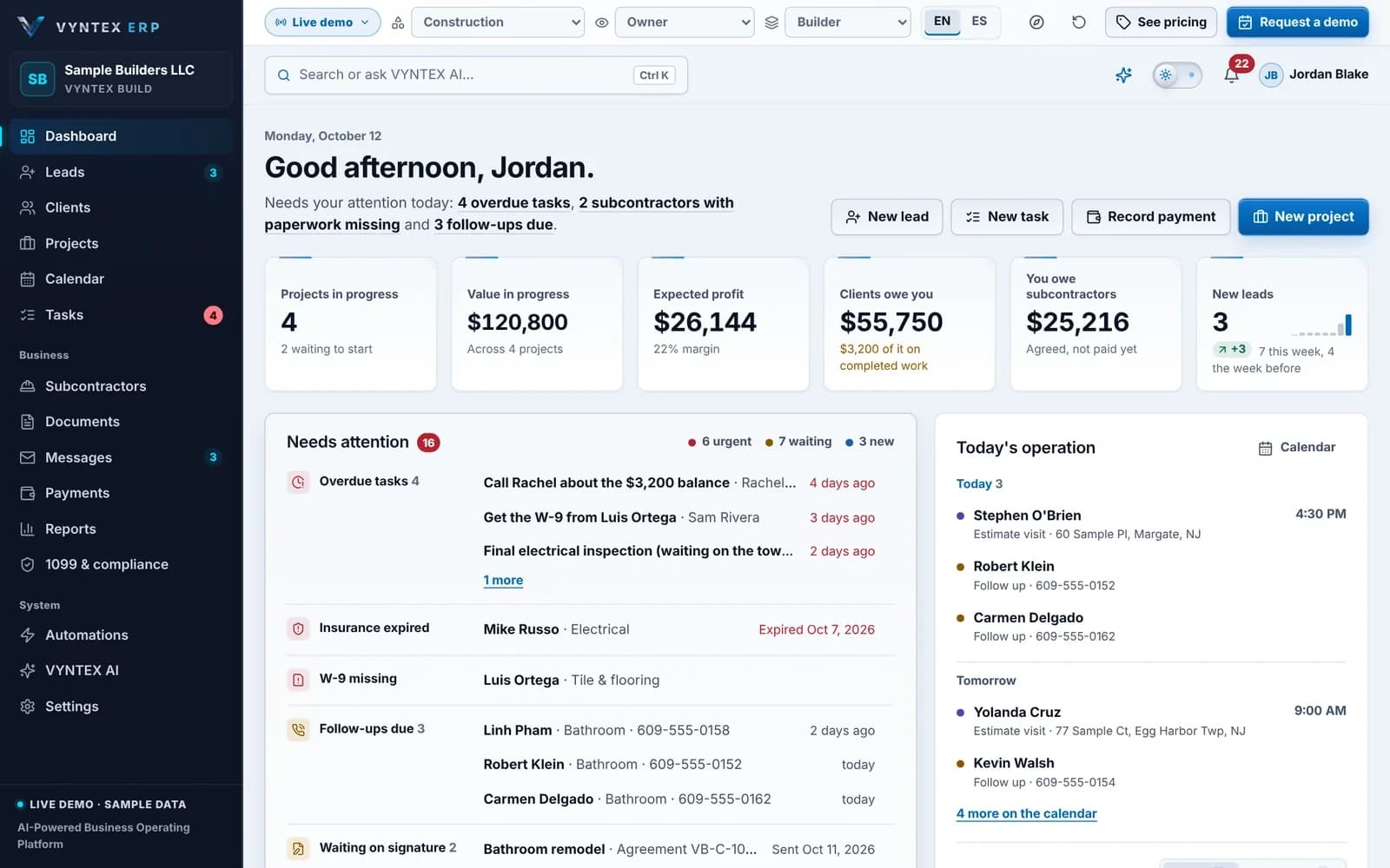 VYNTEX ERP dashboard from the live demo, showing a sample construction company